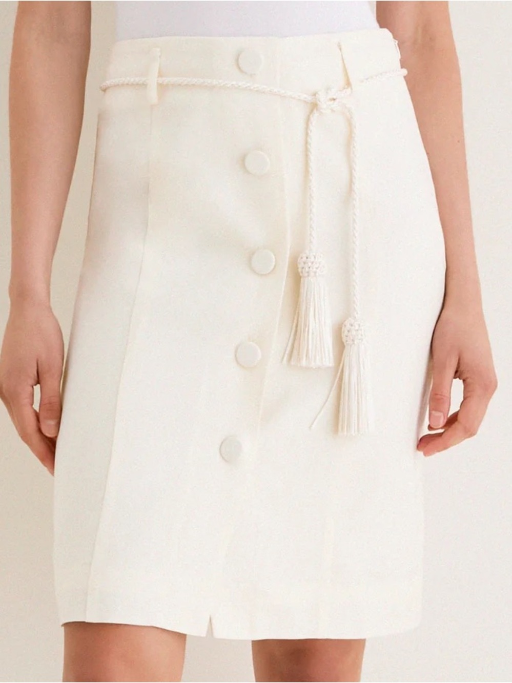Posse Cream Elspeth Skirt NWT Size Small 100% Wool Tailored Midi and Tassel Belt